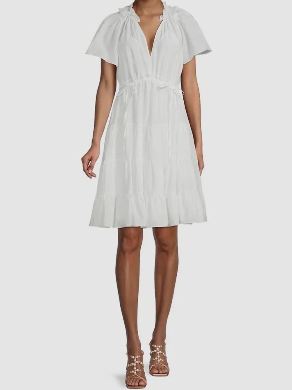 Kobi Halperin White V-Neck Tiered Midi Dress